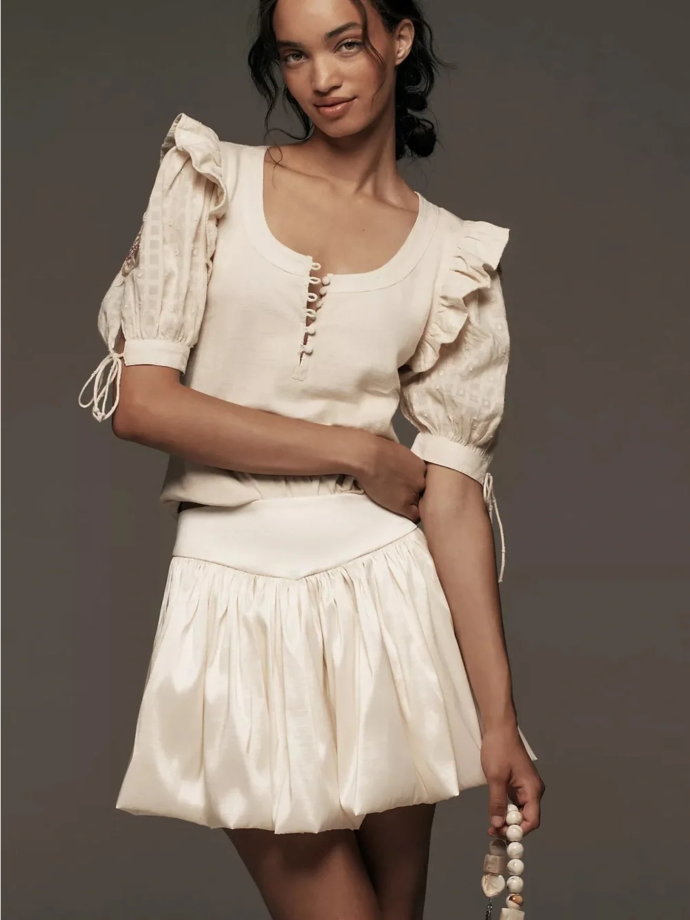 Anthropologie Cream Ruffle-Sleeve Scoop Neck Blouse